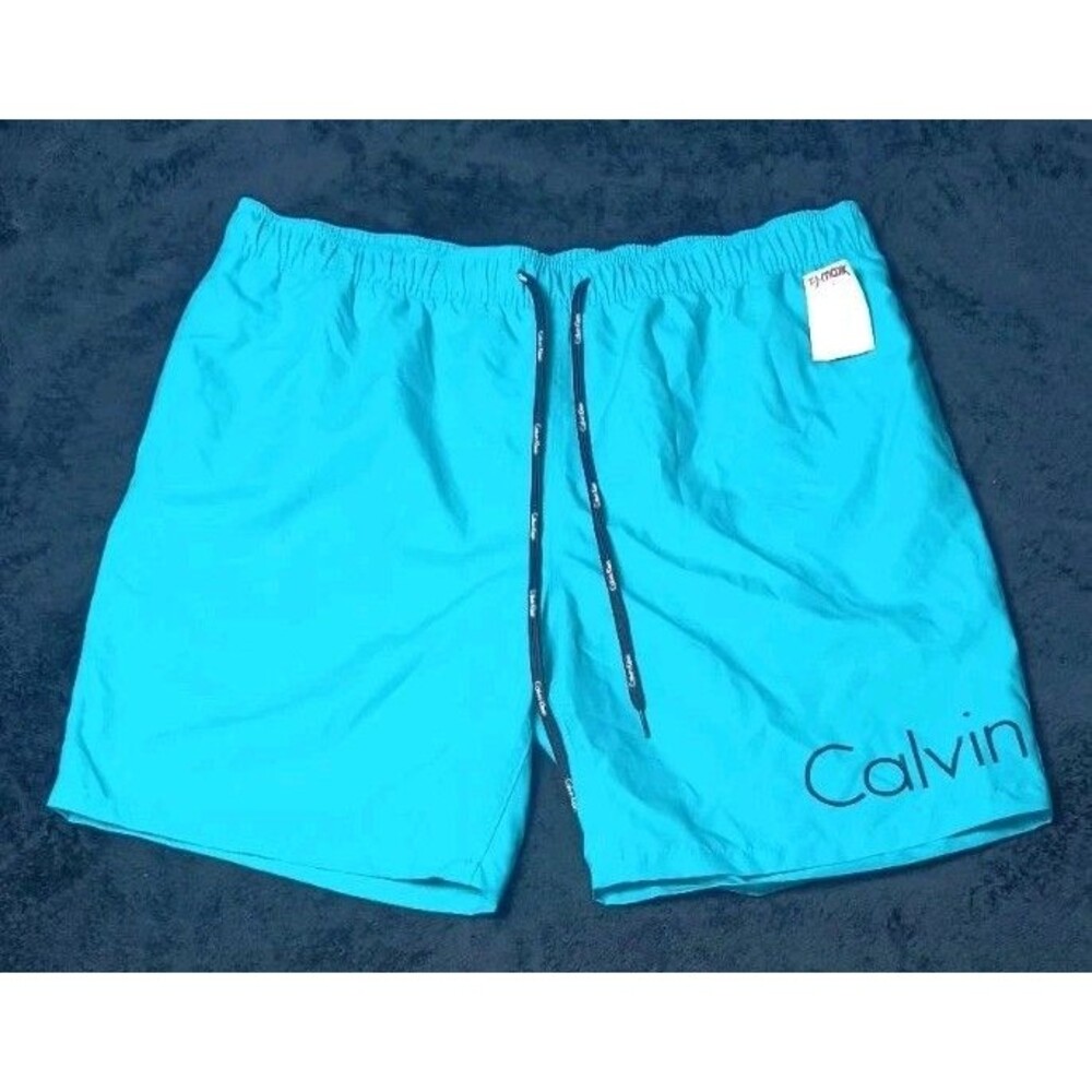 NWT! Calvin Klein Swimwear Volley Swim Trunks XXL Teal Aqua Drawstring Logo Pool